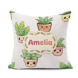 Custom Name Cute Kawaii Indoor Plants Grey Seamless Pattern Name Square Filled Cushion Throw Pillow Sofa Bed Home Decor Zip Washable UK Made