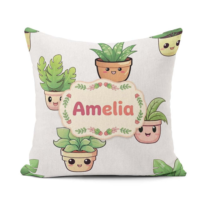 Custom Name Cute Kawaii Indoor Plants Grey Seamless Pattern Name Square Filled Cushion Throw Pillow Sofa Bed Home Decor Zip Washable UK Made