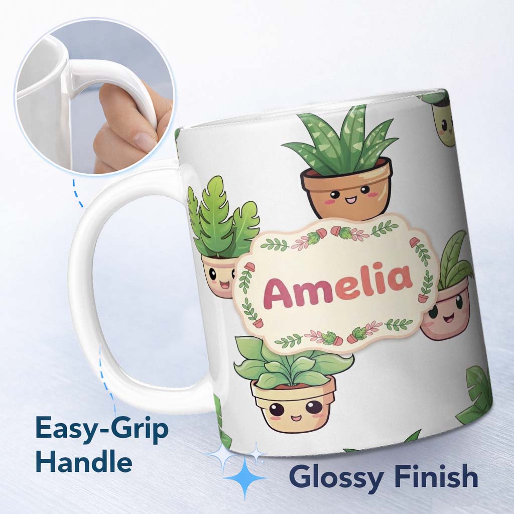 Personalized Custom Name Cute Kawaii Indoor Plants Grey Background Seamless Pattern Name 11oz Ceramic Coffee Tea Mug White Large Handle