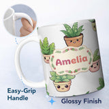 Personalized Custom Name Cute Kawaii Indoor Plants Grey Background Seamless Pattern Name 11oz Ceramic Coffee Tea Mug White Large Handle