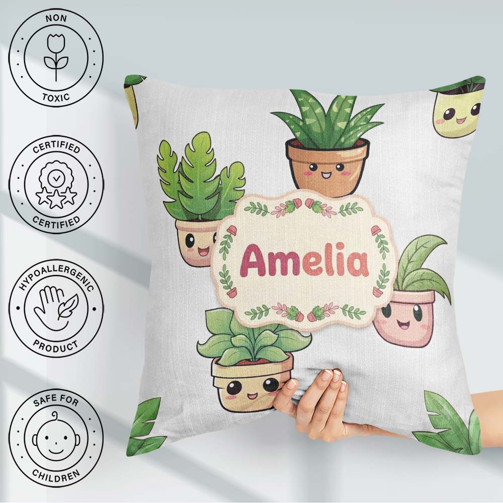 Custom Name Cute Kawaii Indoor Plants Grey Seamless Pattern Name Square Filled Cushion Throw Pillow Sofa Bed Home Decor Zip Washable UK Made