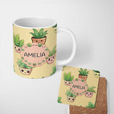 Personalized Custom Name Cute Kawaii Indoor Plants Beige Background Seamless Pattern Name 11oz Ceramic Coffee Tea Mug White Large Handle