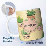 Personalized Custom Name Cute Kawaii Indoor Plants Beige Background Seamless Pattern Name 11oz Ceramic Coffee Tea Mug White Large Handle