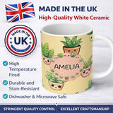 Personalized Custom Name Cute Kawaii Indoor Plants Beige Background Seamless Pattern Name 11oz Ceramic Coffee Tea Mug White Large Handle