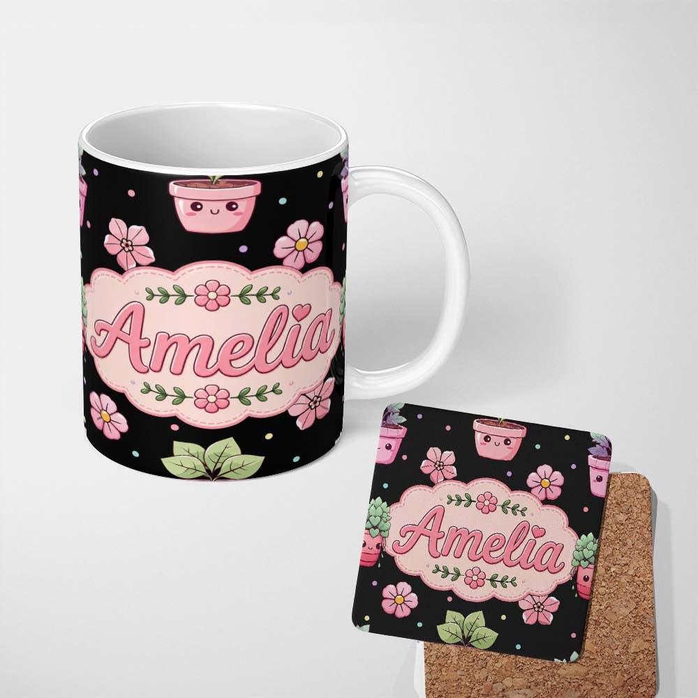 Personalized Custom Name Cute Kawaii Floral Plants Black Background Seamless Pattern Name 11oz Ceramic Coffee Tea Mug White Large Handle