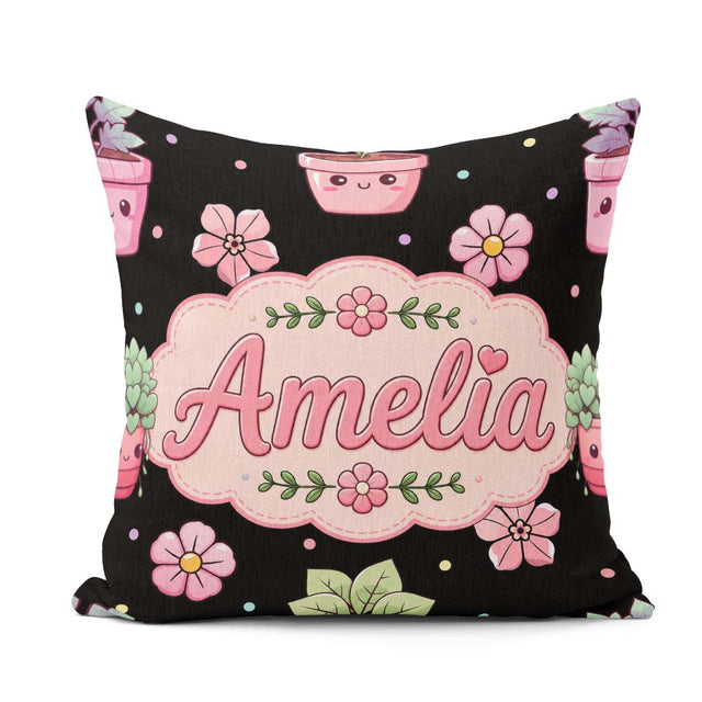 Custom Name Kawaii Floral Black Background Seamless Pattern Name Square Filled Cushion Throw Pillow Sofa Bed Home Decor Zip Washable UK Made