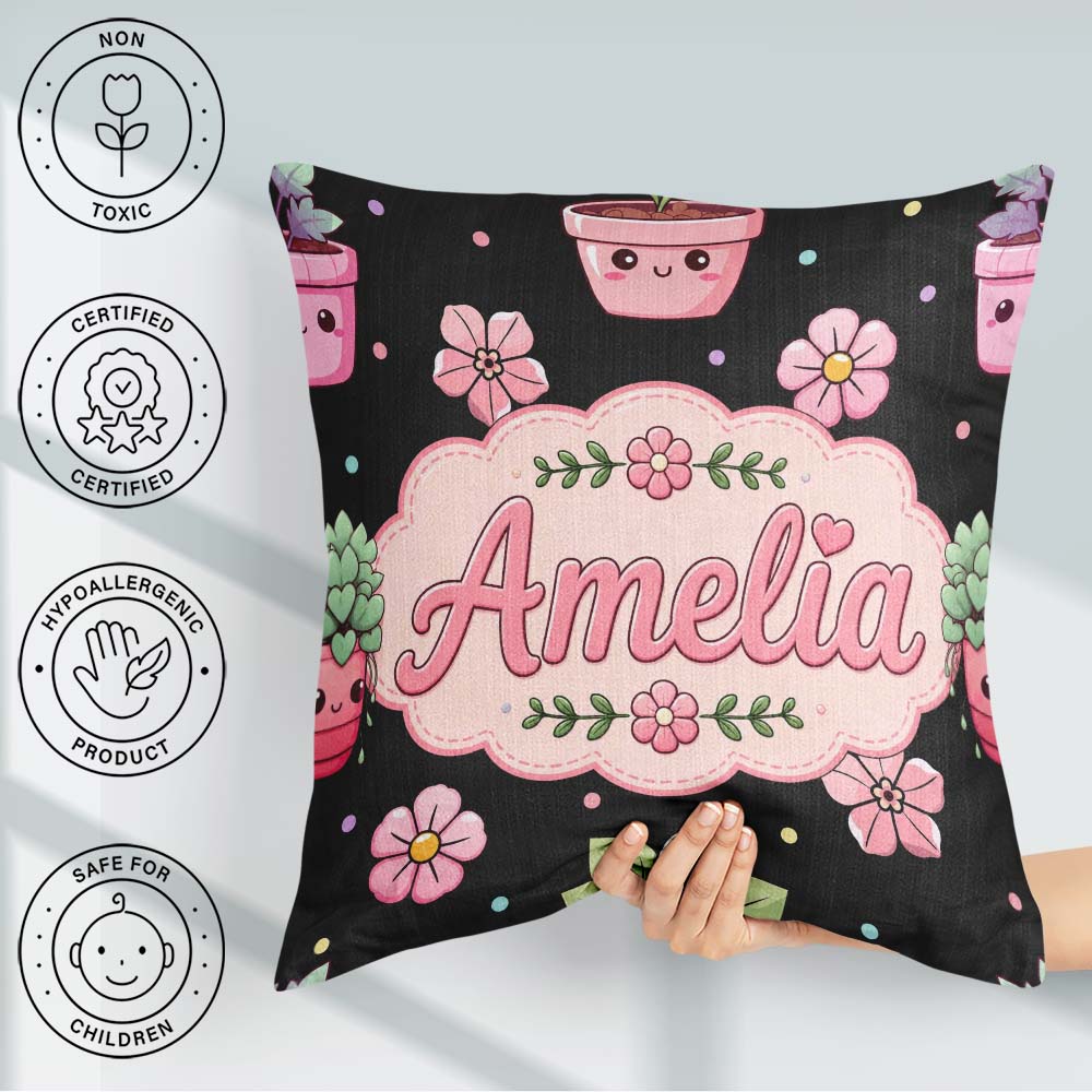 Custom Name Kawaii Floral Black Background Seamless Pattern Name Square Filled Cushion Throw Pillow Sofa Bed Home Decor Zip Washable UK Made