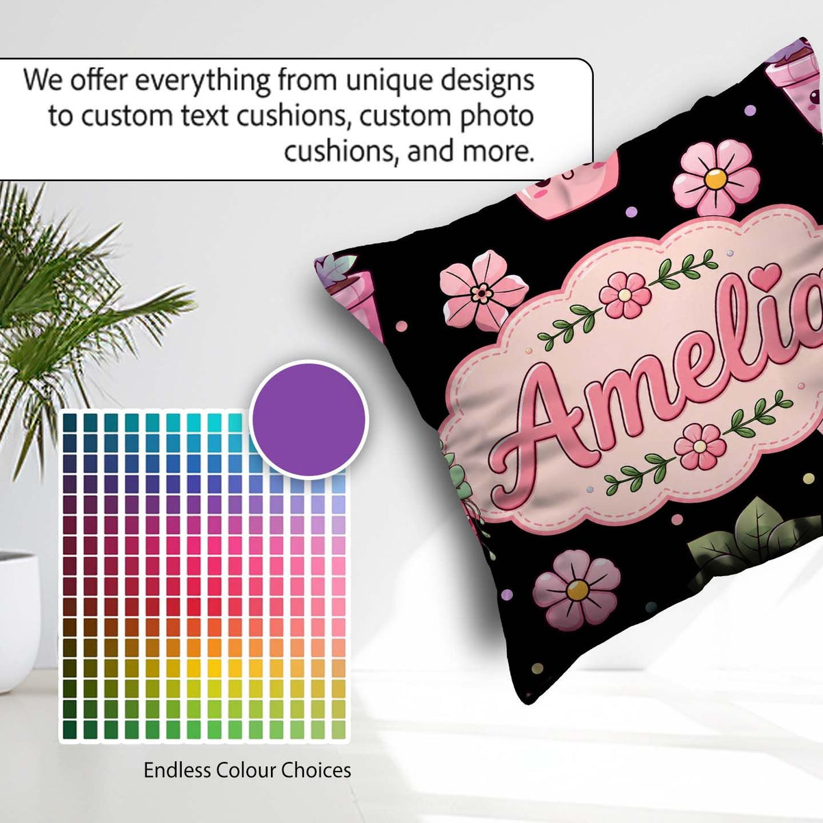 Custom Name Kawaii Floral Black Background Seamless Pattern Name Square Filled Cushion Throw Pillow Sofa Bed Home Decor Zip Washable UK Made
