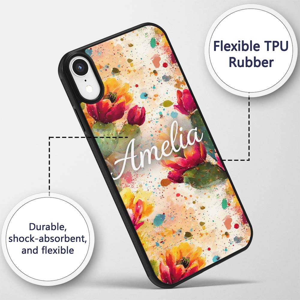 Bright Watercolor Cactus Flower Abstract Seamless Custom Name Protective Phone Case Mobile Cover Durable Everyday Smartphone Shock Resistant