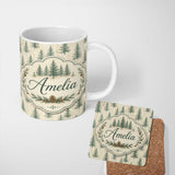Personalized Custom Name Soft Green Pine Trees Rustic Wash Background Seamless Pattern Lovely 11oz Ceramic Coffee Tea Mug White Large Handle