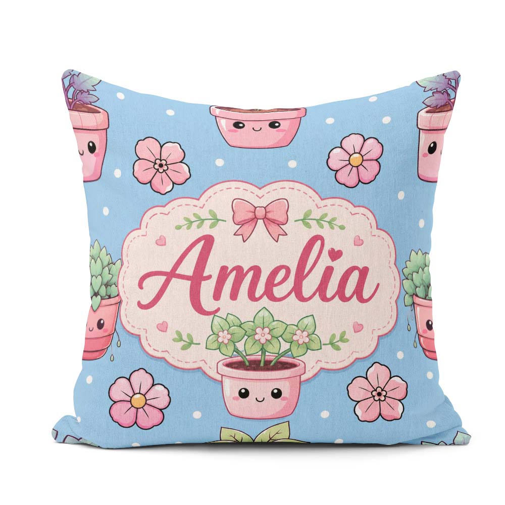 Custom Name Cute Kawaii Floral Plants Blue Seamless Pattern Name Square Filled Cushion Throw Pillow Sofa Bed Home Decor Zip Washable UK Made