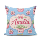 Custom Name Cute Kawaii Floral Plants Blue Seamless Pattern Name Square Filled Cushion Throw Pillow Sofa Bed Home Decor Zip Washable UK Made
