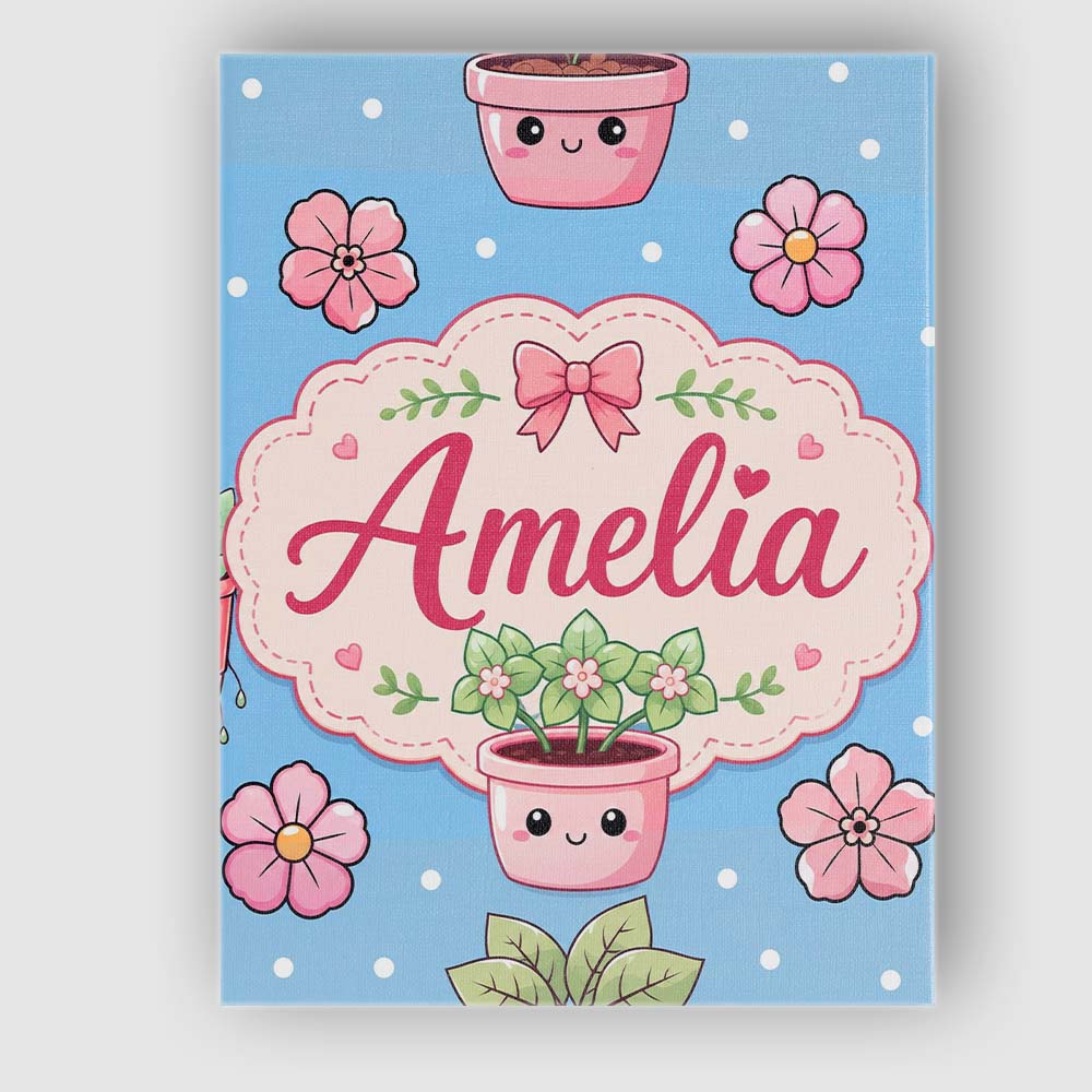 Personalised Name Cute Kawaii Floral Plants Custom  Bespoke Interior Contemporary Canvas Wall Art Print Decor Picture Ready to Hang