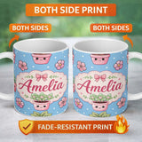 Personalized Custom Name Cute Kawaii Floral Plants Blue Background Seamless Pattern Name 11oz Ceramic Coffee Tea Mug White Large Handle