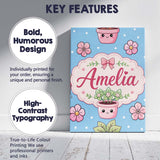 Personalised Name Cute Kawaii Floral Plants Custom  Bespoke Interior Contemporary Canvas Wall Art Print Decor Picture Ready to Hang