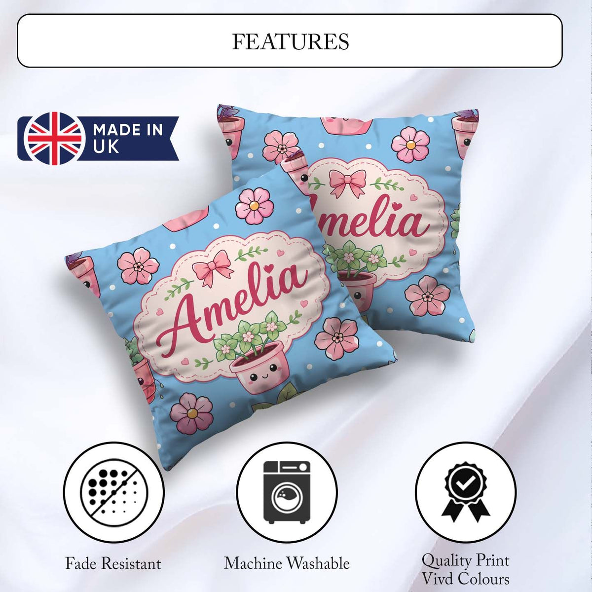 Custom Name Cute Kawaii Floral Plants Blue Seamless Pattern Name Square Filled Cushion Throw Pillow Sofa Bed Home Decor Zip Washable UK Made