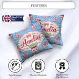 Custom Name Cute Kawaii Floral Plants Blue Seamless Pattern Name Square Filled Cushion Throw Pillow Sofa Bed Home Decor Zip Washable UK Made