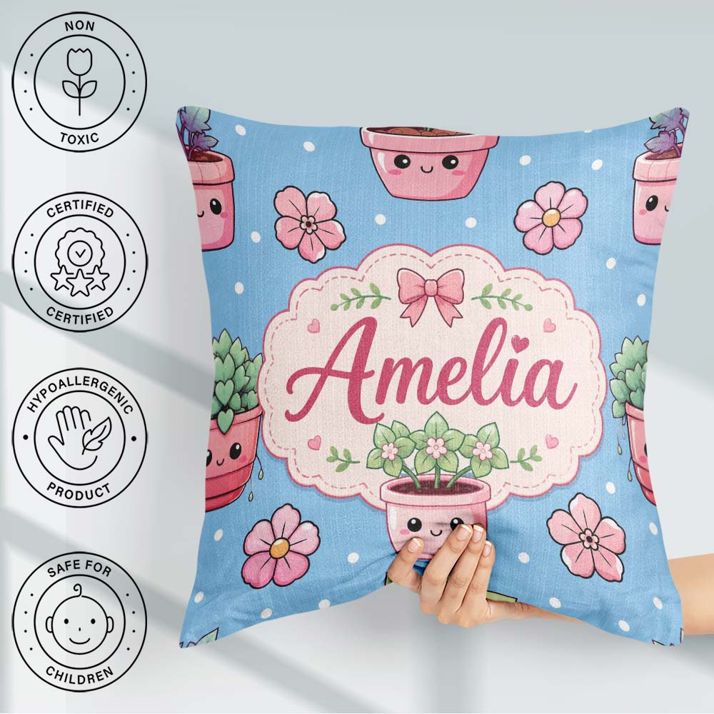 Custom Name Cute Kawaii Floral Plants Blue Seamless Pattern Name Square Filled Cushion Throw Pillow Sofa Bed Home Decor Zip Washable UK Made