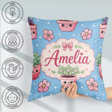 Custom Name Cute Kawaii Floral Plants Blue Seamless Pattern Name Square Filled Cushion Throw Pillow Sofa Bed Home Decor Zip Washable UK Made