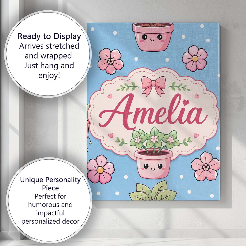 Personalised Name Cute Kawaii Floral Plants Custom  Bespoke Interior Contemporary Canvas Wall Art Print Decor Picture Ready to Hang