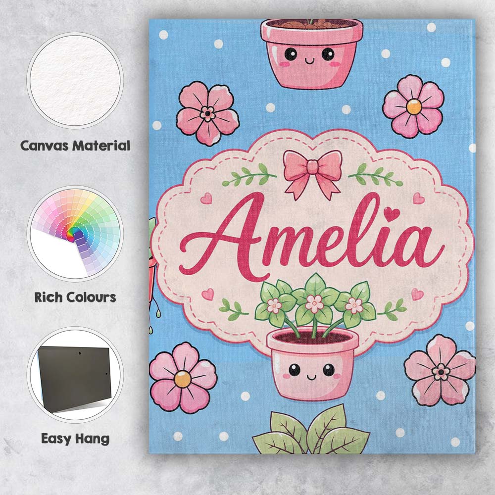 Personalised Name Cute Kawaii Floral Plants Custom  Bespoke Interior Contemporary Canvas Wall Art Print Decor Picture Ready to Hang
