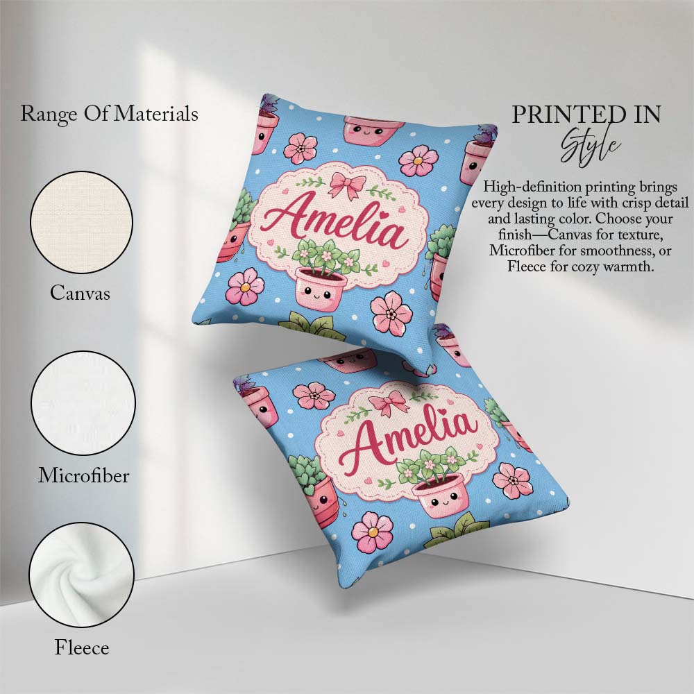 Custom Name Cute Kawaii Floral Plants Blue Seamless Pattern Name Square Filled Cushion Throw Pillow Sofa Bed Home Decor Zip Washable UK Made