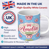 Personalized Custom Name Cute Kawaii Floral Plants Blue Background Seamless Pattern Name 11oz Ceramic Coffee Tea Mug White Large Handle