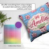 Custom Name Cute Kawaii Floral Plants Blue Seamless Pattern Name Square Filled Cushion Throw Pillow Sofa Bed Home Decor Zip Washable UK Made