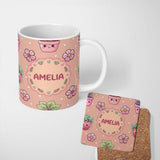 Personalized Custom Name Cute Kawaii Floral Plants Peach Background Seamless Pattern Name 11oz Ceramic Coffee Tea Mug White Large Handle
