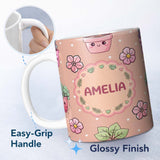 Personalized Custom Name Cute Kawaii Floral Plants Peach Background Seamless Pattern Name 11oz Ceramic Coffee Tea Mug White Large Handle