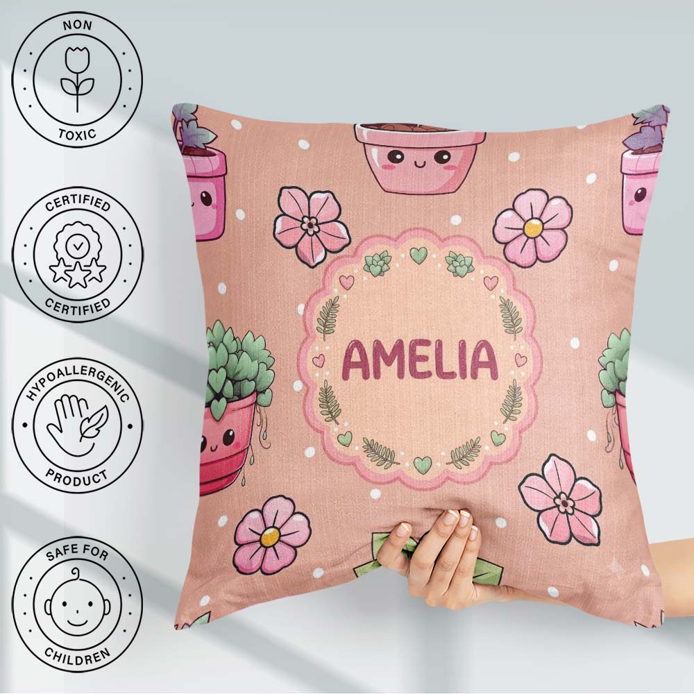 Custom Name Kawaii Floral Peach Background Seamless Pattern Name Square Filled Cushion Throw Pillow Sofa Bed Home Decor Zip Washable UK Made