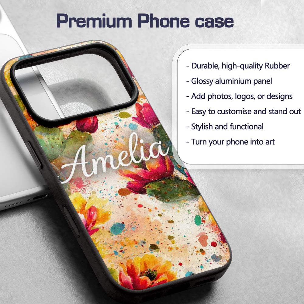 Bright Watercolor Cactus Flower Abstract Seamless Custom Name Protective Phone Case Mobile Cover Durable Everyday Smartphone Shock Resistant