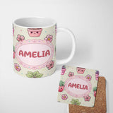 Personalized Custom Name Cute Kawaii Floral Plants Cream Background Seamless Pattern Name 11oz Ceramic Coffee Tea Mug White Large Handle
