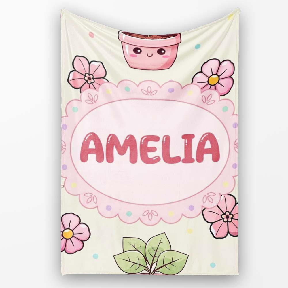 Cute Kawaii Floral Plants Cream Background Seamless Pattern Name  Personalised Custom Name Super Soft Fleece Blanket Bed Sofa Throw