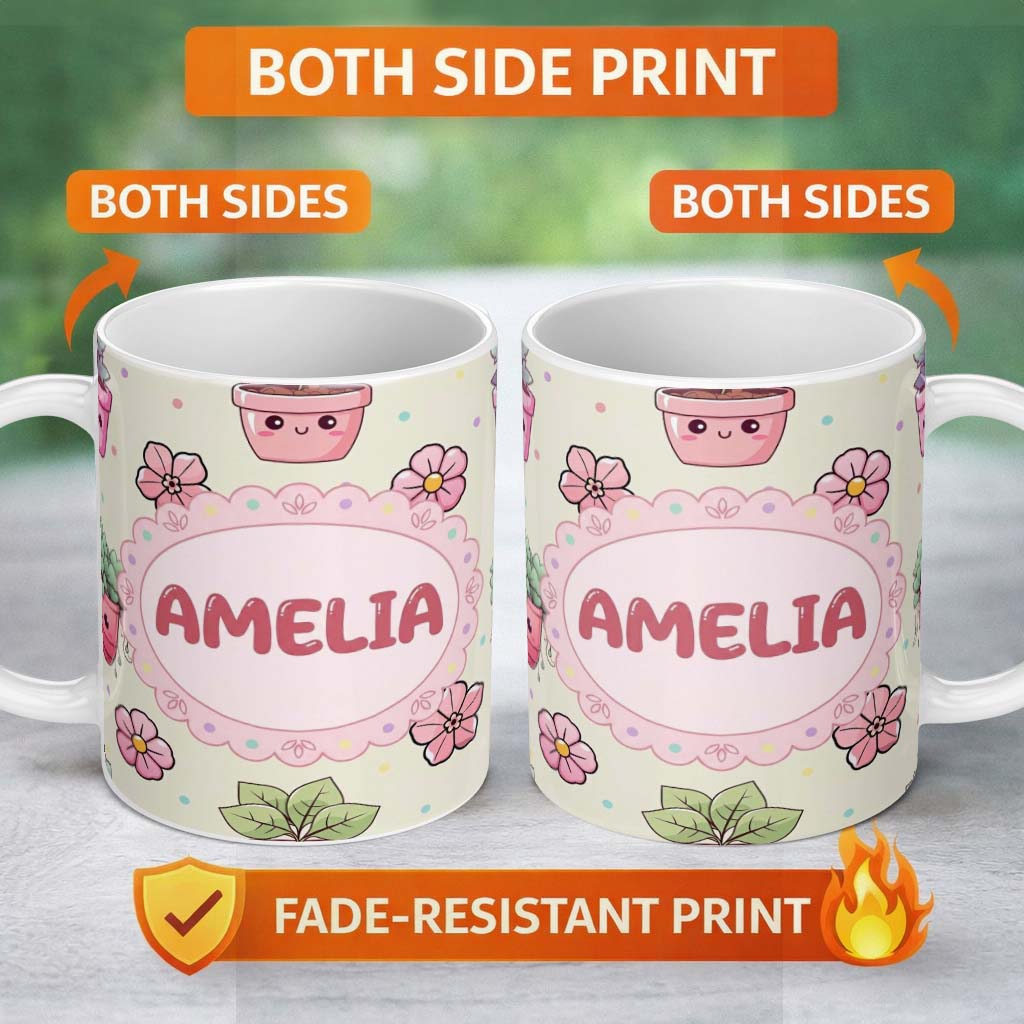 Personalized Custom Name Cute Kawaii Floral Plants Cream Background Seamless Pattern Name 11oz Ceramic Coffee Tea Mug White Large Handle