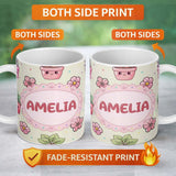 Personalized Custom Name Cute Kawaii Floral Plants Cream Background Seamless Pattern Name 11oz Ceramic Coffee Tea Mug White Large Handle