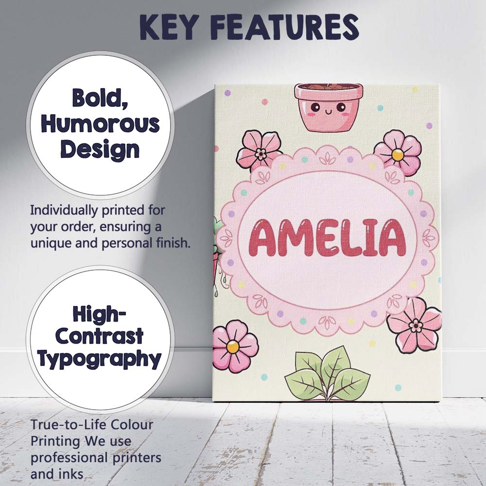 Personalised Name Cute Kawaii Floral Plants Custom  Bespoke Interior Contemporary Canvas Wall Art Print Decor Picture Ready to Hang