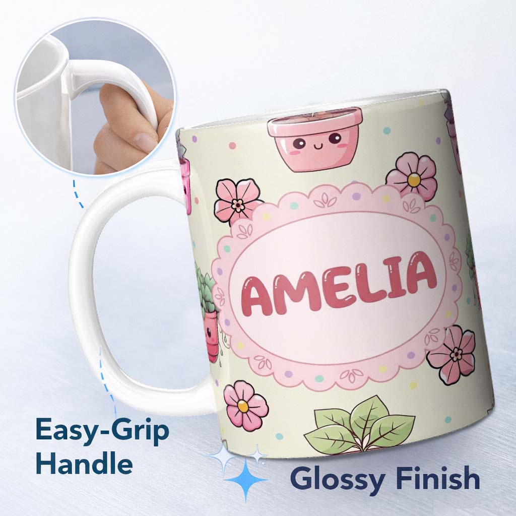 Personalized Custom Name Cute Kawaii Floral Plants Cream Background Seamless Pattern Name 11oz Ceramic Coffee Tea Mug White Large Handle