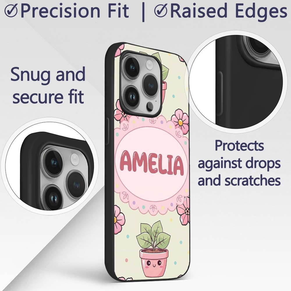 Cute Kawaii Floral Plants Cream Printed Design Custom Name Protective Phone Case Mobile Cover Durable Everyday Smartphone Shock Resistant