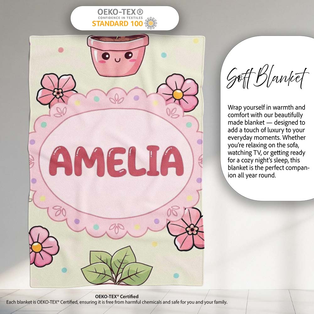 Cute Kawaii Floral Plants Cream Background Seamless Pattern Name  Personalised Custom Name Super Soft Fleece Blanket Bed Sofa Throw