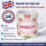 Personalized Custom Name Cute Kawaii Floral Plants Cream Background Seamless Pattern Name 11oz Ceramic Coffee Tea Mug White Large Handle