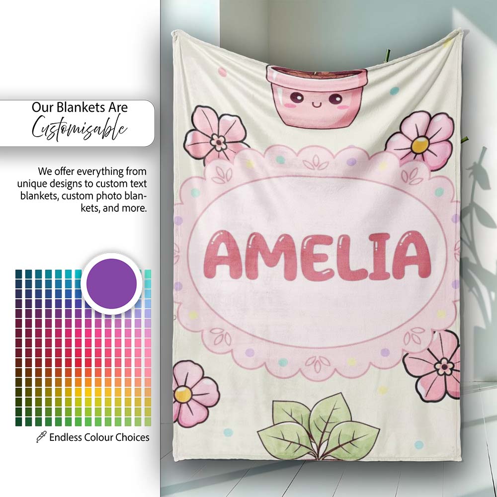 Cute Kawaii Floral Plants Cream Background Seamless Pattern Name  Personalised Custom Name Super Soft Fleece Blanket Bed Sofa Throw