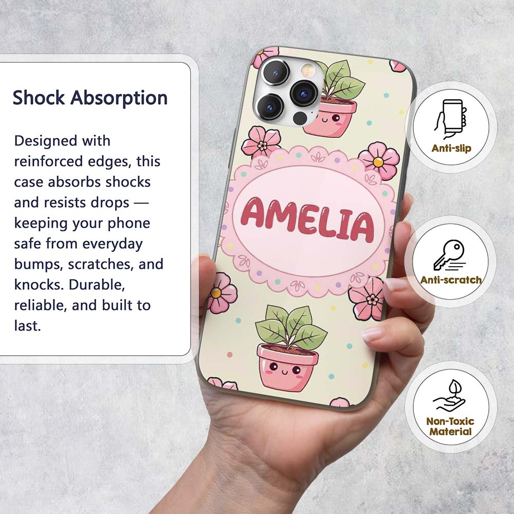 Cute Kawaii Floral Plants Cream Printed Design Custom Name Protective Phone Case Mobile Cover Durable Everyday Smartphone Shock Resistant