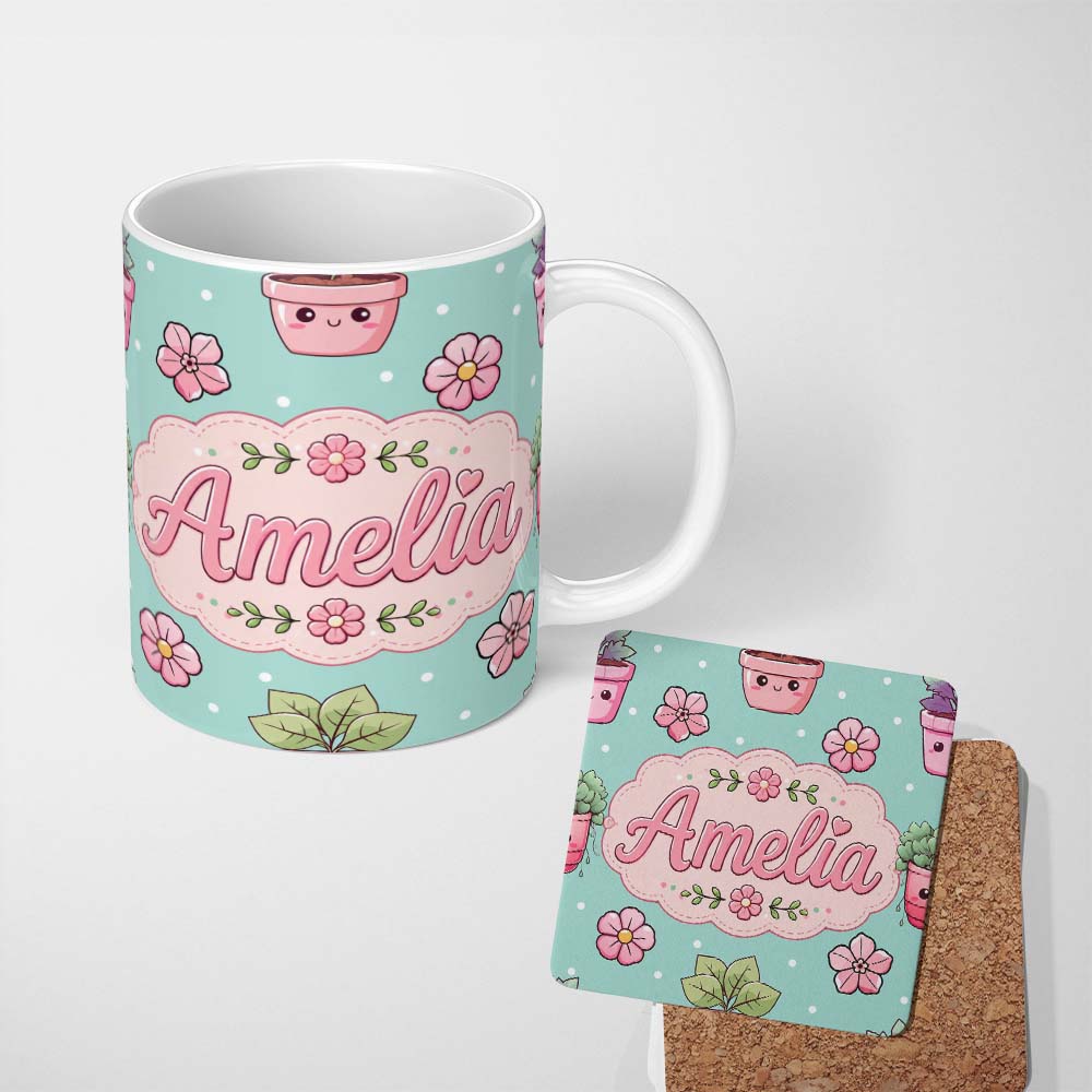 Personalized Custom Name Cute Kawaii Floral Plants Mint Background Seamless Pattern Name 11oz Ceramic Coffee Tea Mug White Large Handle