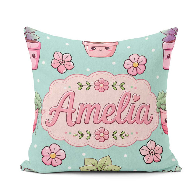 Custom Name Cute Kawaii Floral Plants Mint Seamless Pattern Name Square Filled Cushion Throw Pillow Sofa Bed Home Decor Zip Washable UK Made