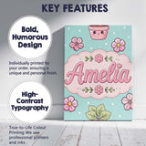 Personalised Name Cute Kawaii Floral Plants Custom  Bespoke Interior Contemporary Canvas Wall Art Print Decor Picture Ready to Hang