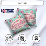 Custom Name Cute Kawaii Floral Plants Mint Seamless Pattern Name Square Filled Cushion Throw Pillow Sofa Bed Home Decor Zip Washable UK Made