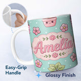 Personalized Custom Name Cute Kawaii Floral Plants Mint Background Seamless Pattern Name 11oz Ceramic Coffee Tea Mug White Large Handle