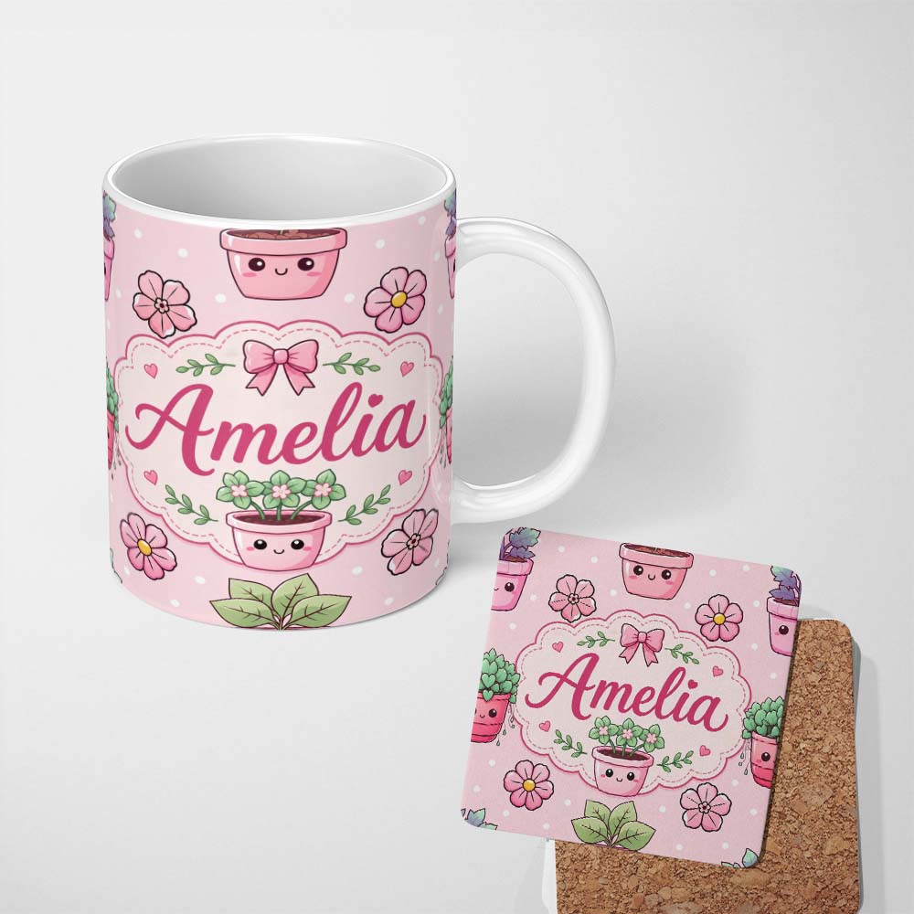 Personalized Custom Name Cute Kawaii Floral Plants Pink Background Seamless Pattern Name 11oz Ceramic Coffee Tea Mug White Large Handle