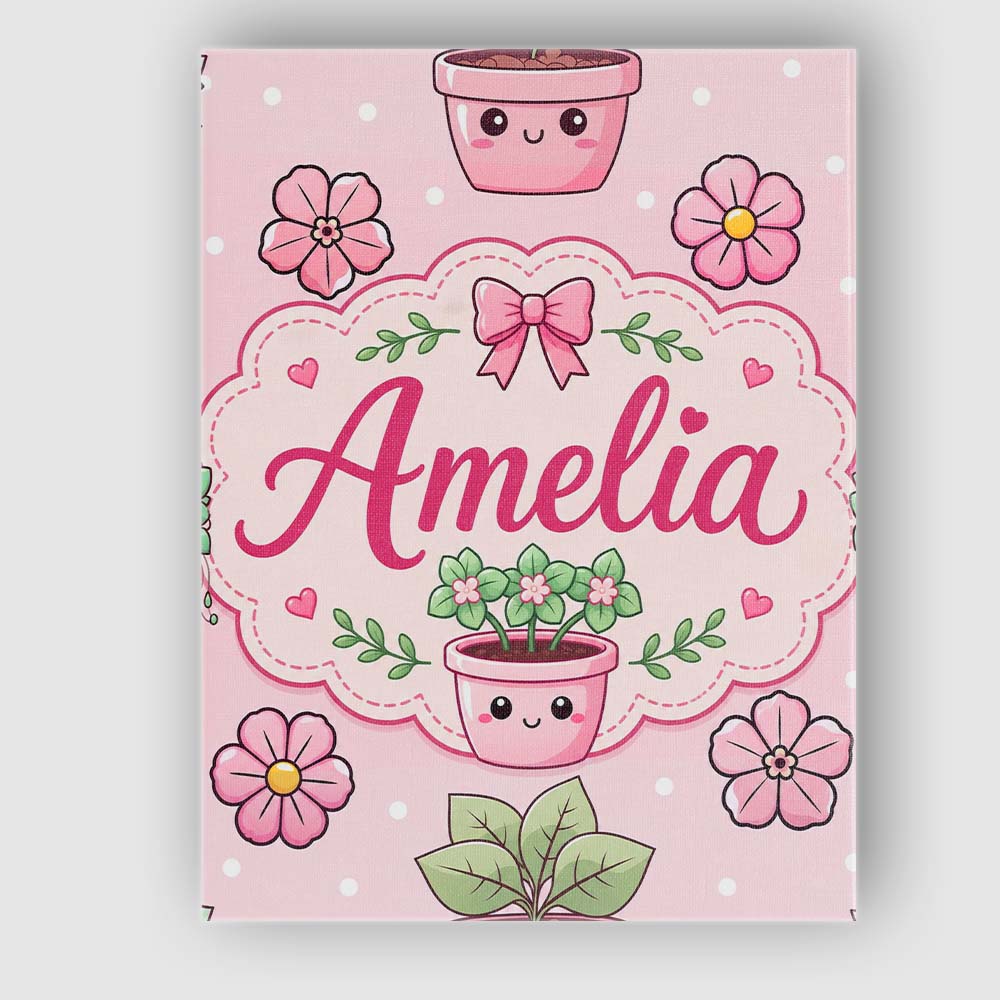 Personalised Name Cute Kawaii Floral Plants Custom  Bespoke Interior Contemporary Canvas Wall Art Print Decor Picture Ready to Hang